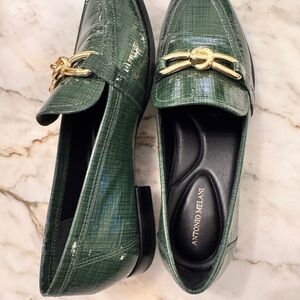 ANTONIO MELANI Cain patent leather Green Loafers--great for narrow foot
